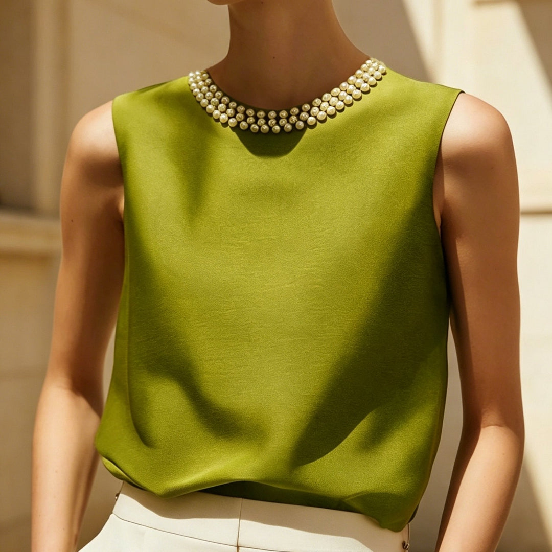 Sythove | Blusa sin Mangas con Perlas Decorativas y Estilo Elegante