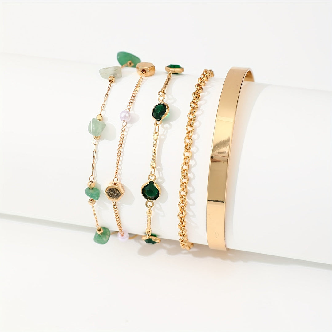 Aethique | Set de 5 Pulseras Bohemias con Piedras Verdes y Detalles Vintage