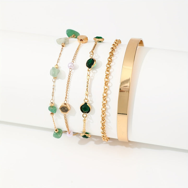Aethique | Set de 5 Pulseras Bohemias con Piedras Verdes y Detalles Vintage