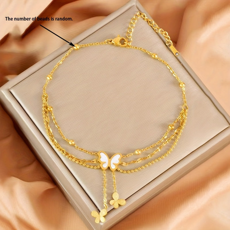 Brianna | Tobillera Bohemia de Tres Capas con Dijes y Cuentas Blancas