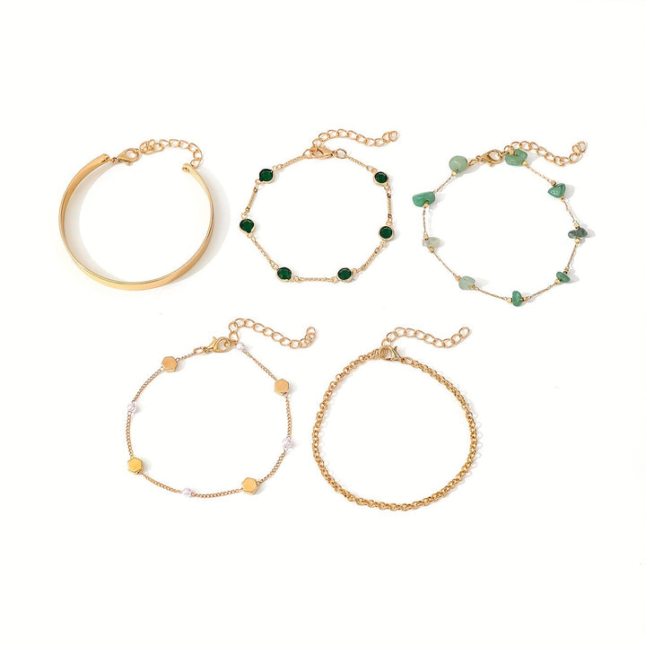 Aethique | Set de 5 Pulseras Bohemias con Piedras Verdes y Detalles Vintage