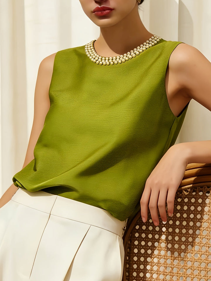 Sythove | Blusa sin Mangas con Perlas Decorativas y Estilo Elegante