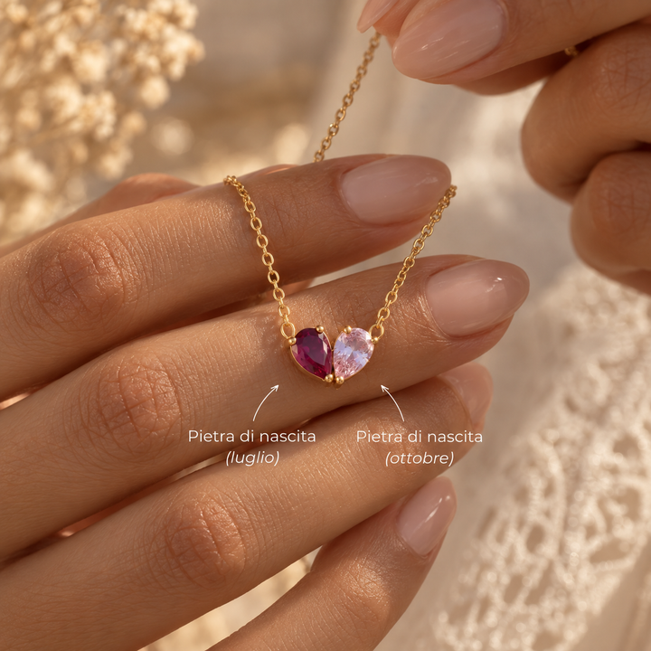 Ariana | Collar Corazón con Dos Piedras de Nacimiento