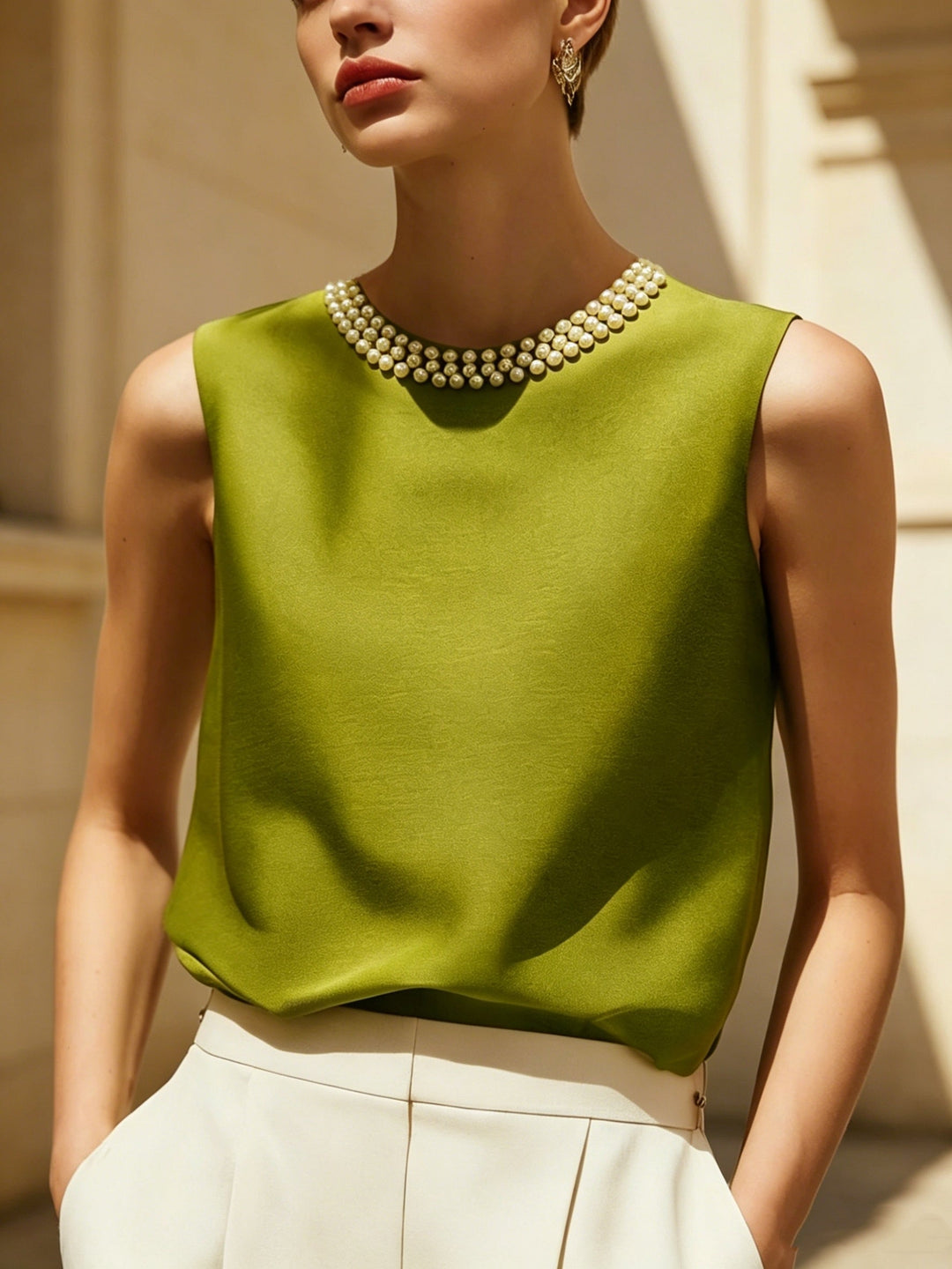 Sythove | Blusa sin Mangas con Perlas Decorativas y Estilo Elegante