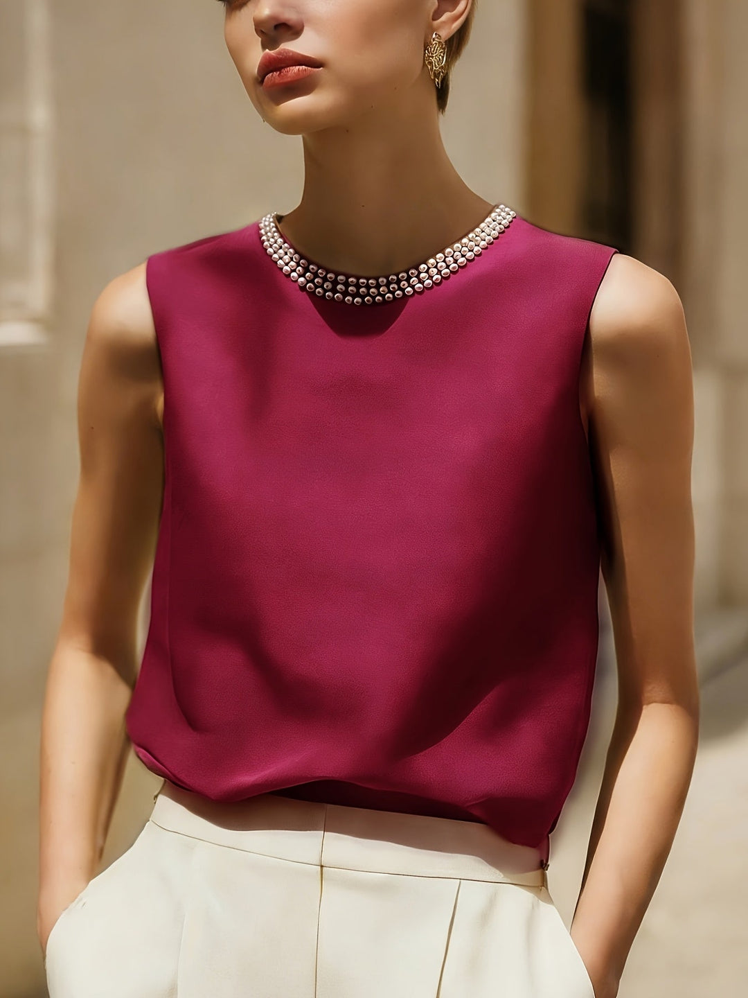 Sythove | Blusa sin Mangas con Perlas Decorativas y Estilo Elegante
