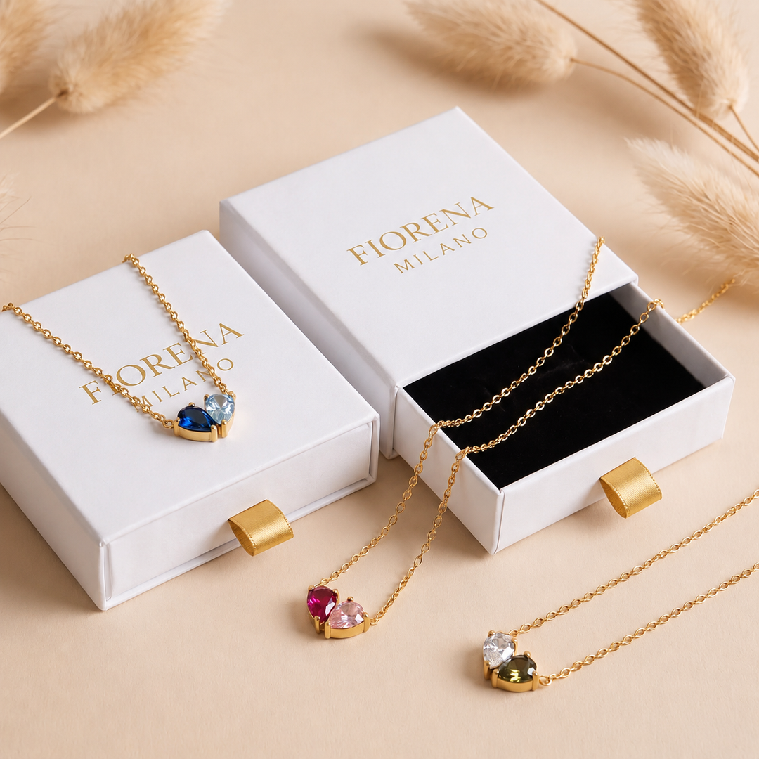 Ariana | Collar Corazón con Dos Piedras de Nacimiento