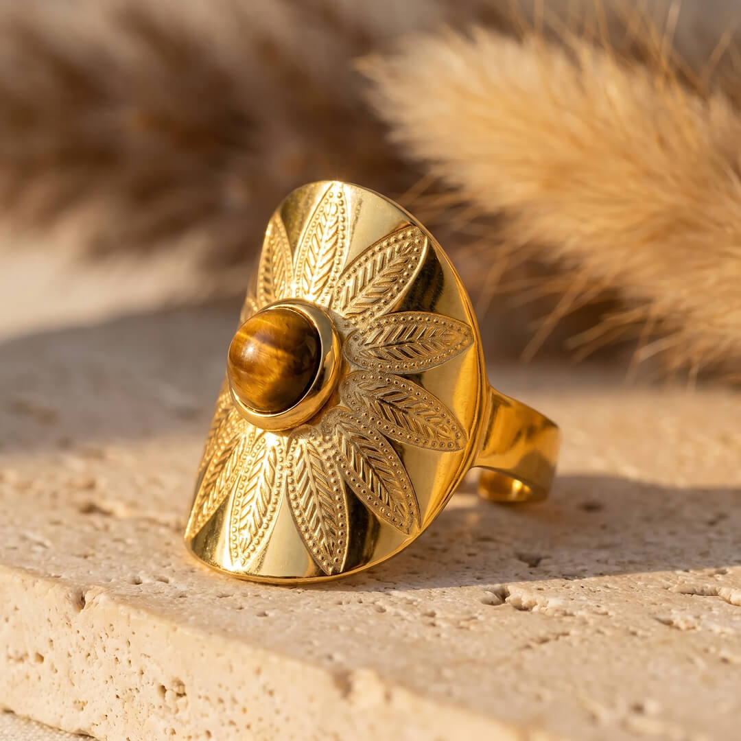 Leah | Anillo Mandala con Ojo de Tigre y Diseño Protector