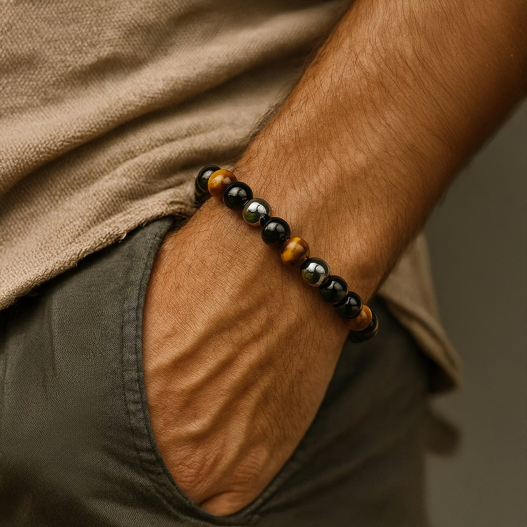 Caryra | Pulsera "3 Protecciones" en Ojo de Tigre, Hematites y Obsidiana Negra