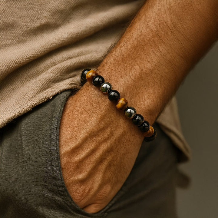 Caryra | Pulsera "3 Protecciones" en Ojo de Tigre, Hematites y Obsidiana Negra