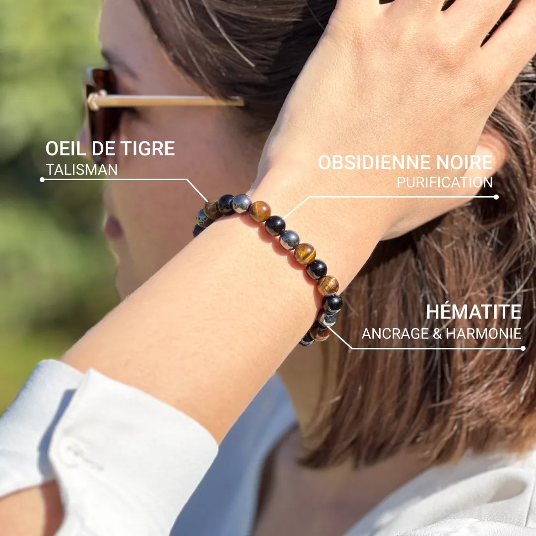 Caryra | Pulsera "3 Protecciones" en Ojo de Tigre, Hematites y Obsidiana Negra