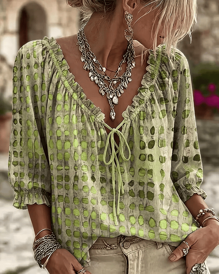 Paige | Blusa de Lunares con Escote en V Ajustable y Mangas 3/4
