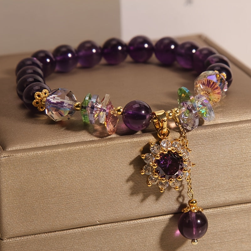 Winter | Pulsera de Cuentas Moradas con Colgante de Cristal Brillante