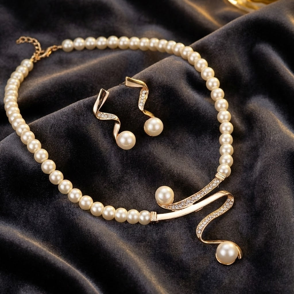 Zelinda | Juego de Collar y Aretes de Perlas Onduladas