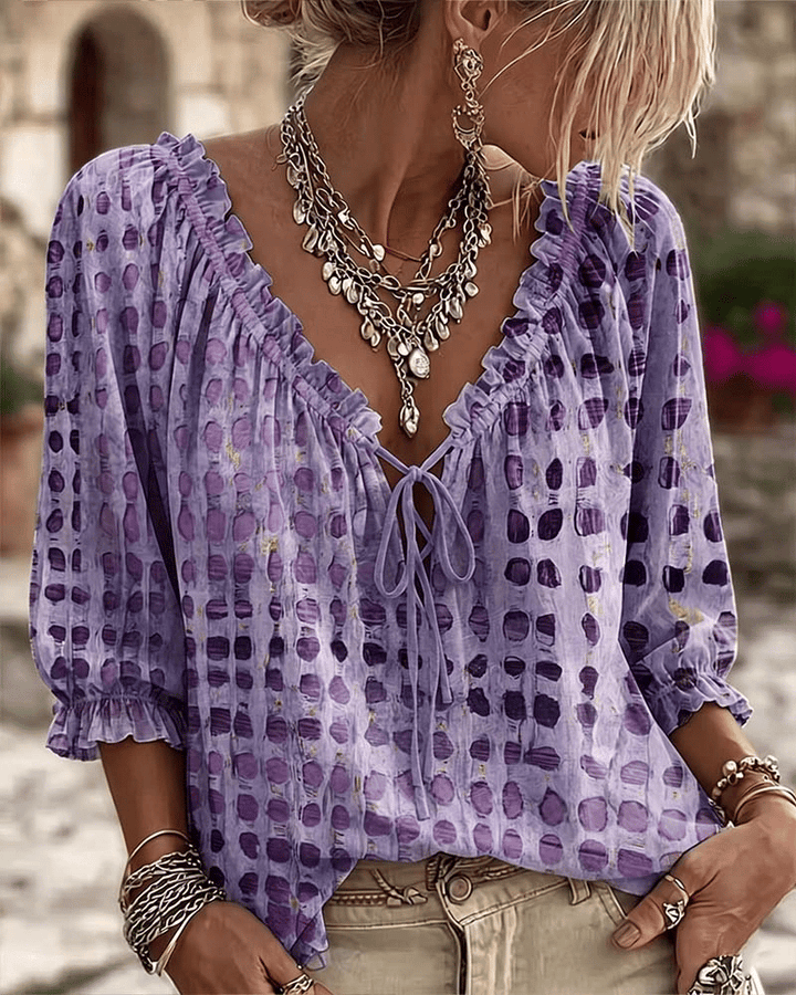 Paige | Blusa de Lunares con Escote en V Ajustable y Mangas 3/4