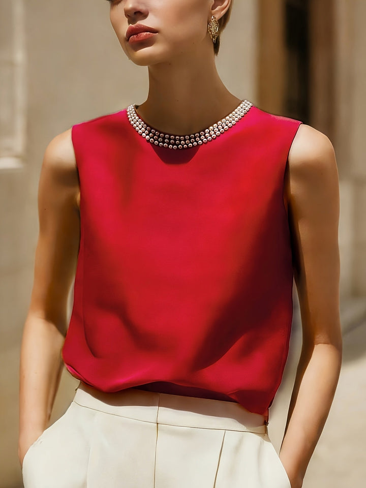 Sythove | Blusa sin Mangas con Perlas Decorativas y Estilo Elegante
