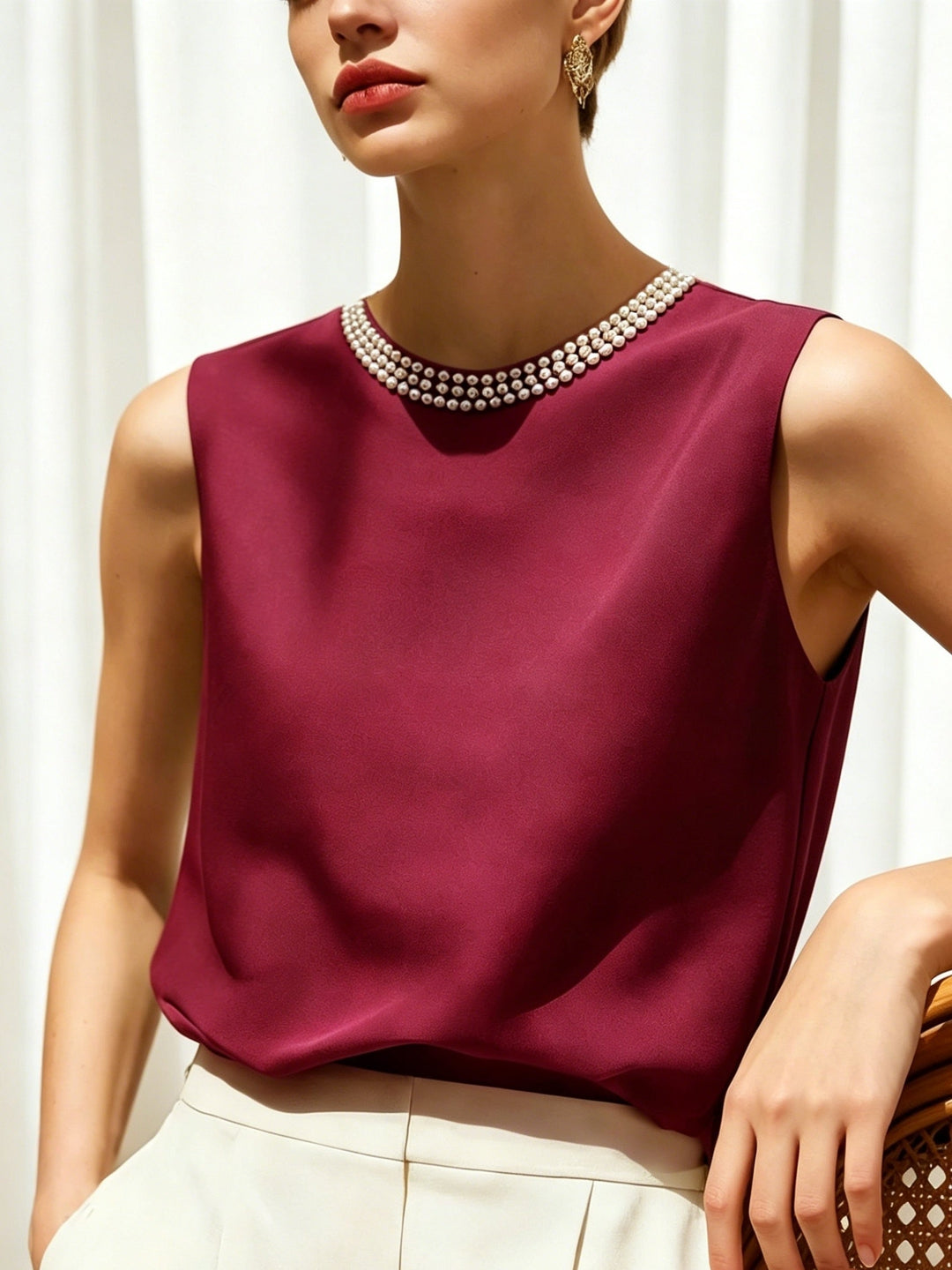 Sythove | Blusa sin Mangas con Perlas Decorativas y Estilo Elegante