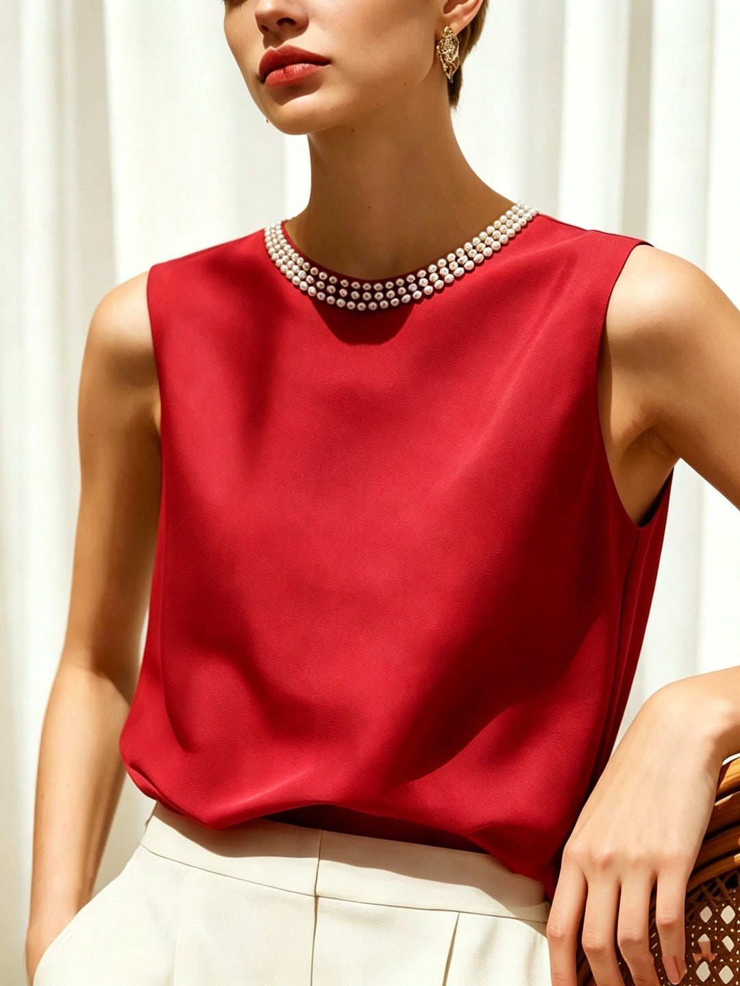 Sythove | Blusa sin Mangas con Perlas Decorativas y Estilo Elegante